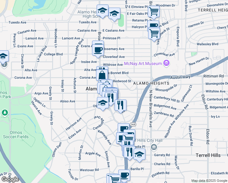map of restaurants, bars, coffee shops, grocery stores, and more near 134 Albany Street in San Antonio
