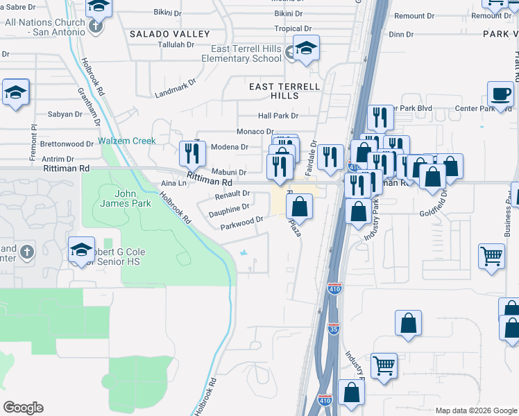 map of restaurants, bars, coffee shops, grocery stores, and more near 4326 Dauphine Drive in San Antonio