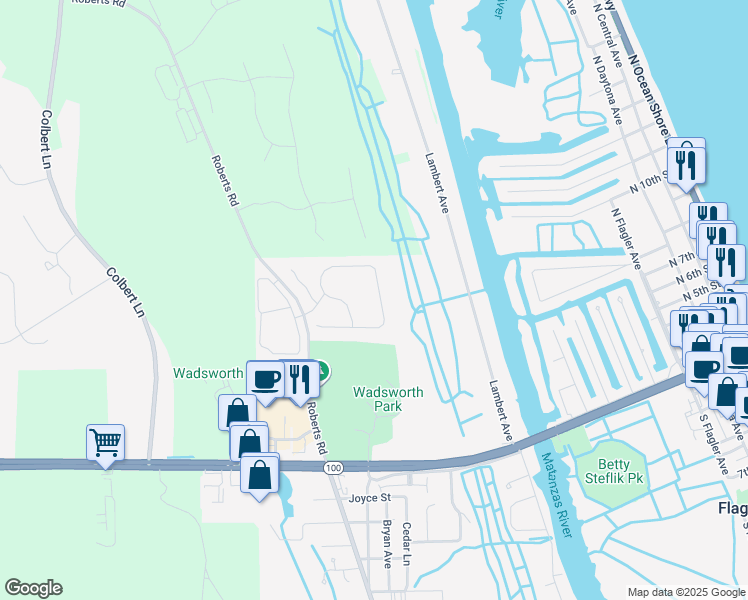 map of restaurants, bars, coffee shops, grocery stores, and more near Roberts Road in Flagler Beach