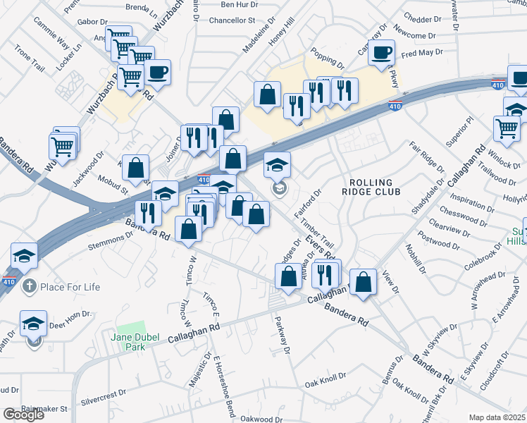 map of restaurants, bars, coffee shops, grocery stores, and more near 5238 Evers Road in Leon Valley