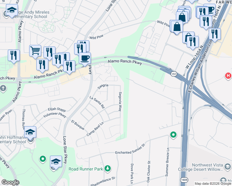 map of restaurants, bars, coffee shops, grocery stores, and more near 5027 Italica Road in San Antonio