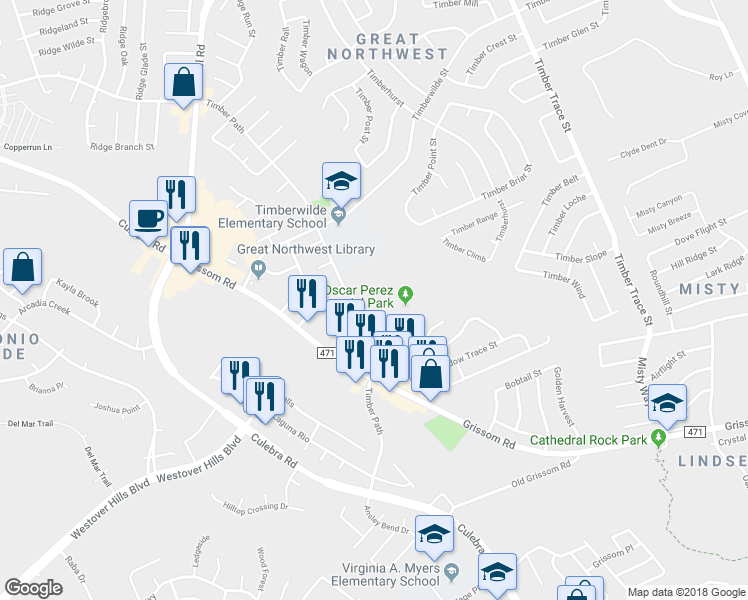 map of restaurants, bars, coffee shops, grocery stores, and more near 8787 Timber Path in San Antonio