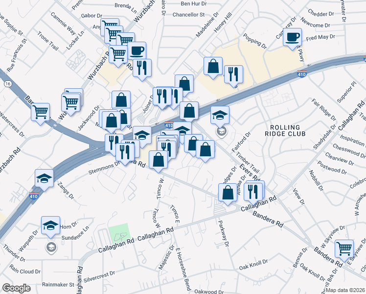 map of restaurants, bars, coffee shops, grocery stores, and more near 5408 Daughtry Drive in San Antonio