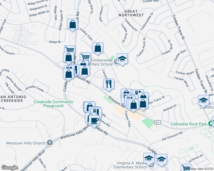 map of restaurants, bars, coffee shops, grocery stores, and more near 9005 Grissom Road in San Antonio
