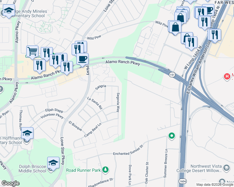map of restaurants, bars, coffee shops, grocery stores, and more near 5030 Segovia Way in San Antonio