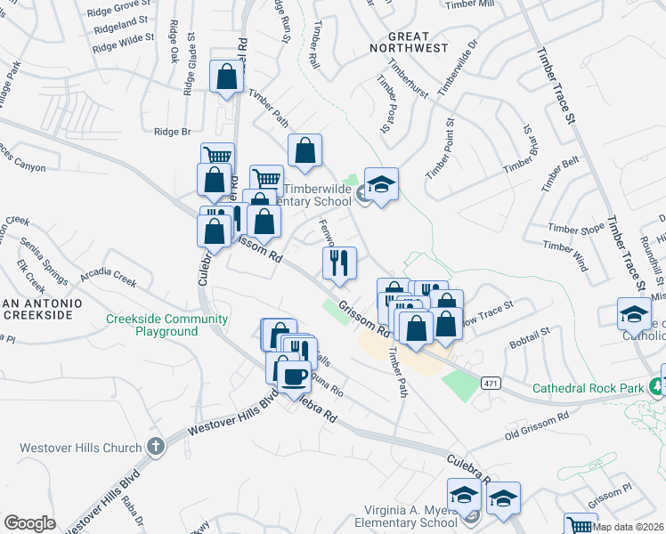 map of restaurants, bars, coffee shops, grocery stores, and more near 9005 Grissom Road in San Antonio