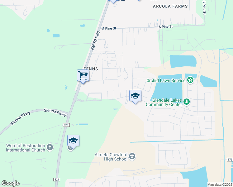 map of restaurants, bars, coffee shops, grocery stores, and more near 6931 Glenmoor Drive in Rosharon