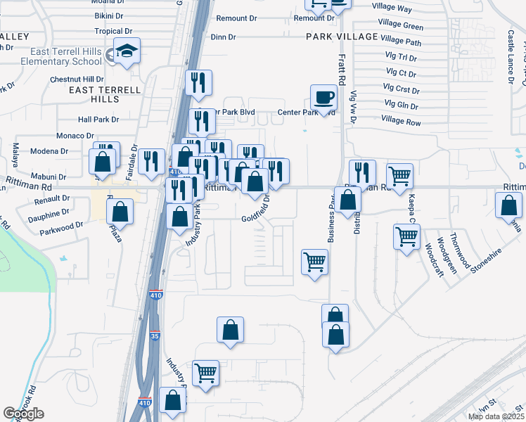 map of restaurants, bars, coffee shops, grocery stores, and more near 4848 Goldfield Drive in San Antonio