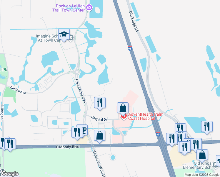 map of restaurants, bars, coffee shops, grocery stores, and more near 70 Town Court in Palm Coast