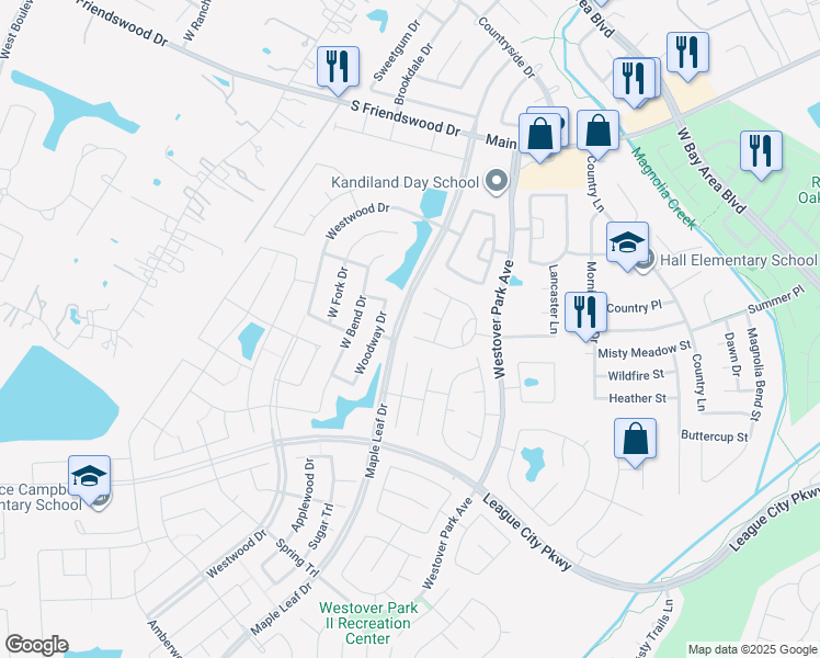 map of restaurants, bars, coffee shops, grocery stores, and more near 6168 Darlington Court in League City