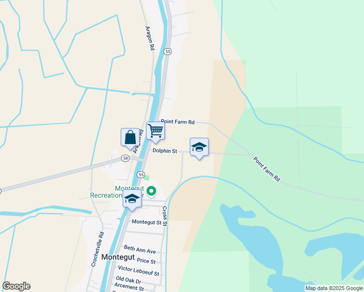 map of restaurants, bars, coffee shops, grocery stores, and more near 109 Dolphin Street in Montegut