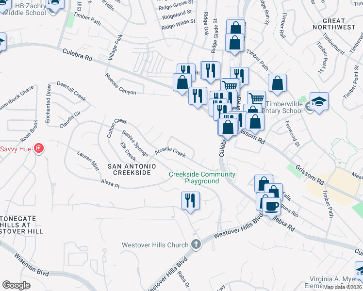 map of restaurants, bars, coffee shops, grocery stores, and more near 5010 Teal Falls in San Antonio