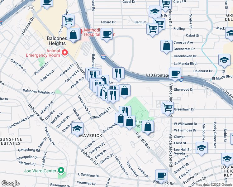 map of restaurants, bars, coffee shops, grocery stores, and more near 3830 Fredericksburg Road in San Antonio