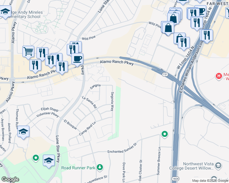 map of restaurants, bars, coffee shops, grocery stores, and more near 5042 Segovia Way in San Antonio
