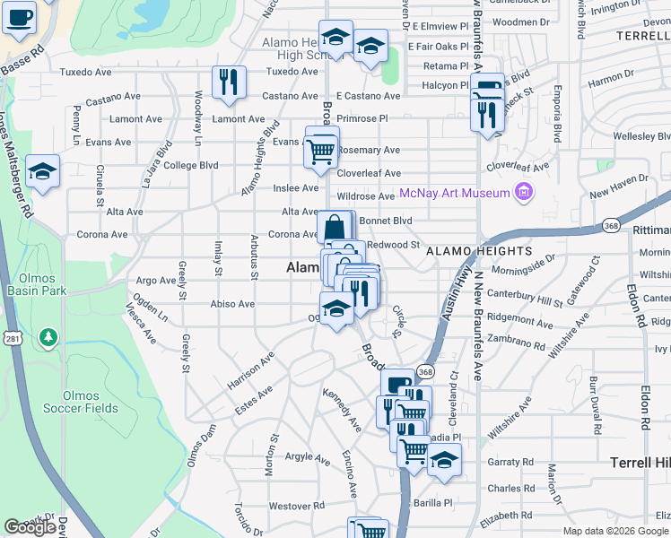 map of restaurants, bars, coffee shops, grocery stores, and more near Broadway in San Antonio