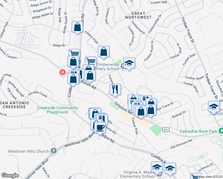 map of restaurants, bars, coffee shops, grocery stores, and more near 9005 Grissom Road in San Antonio