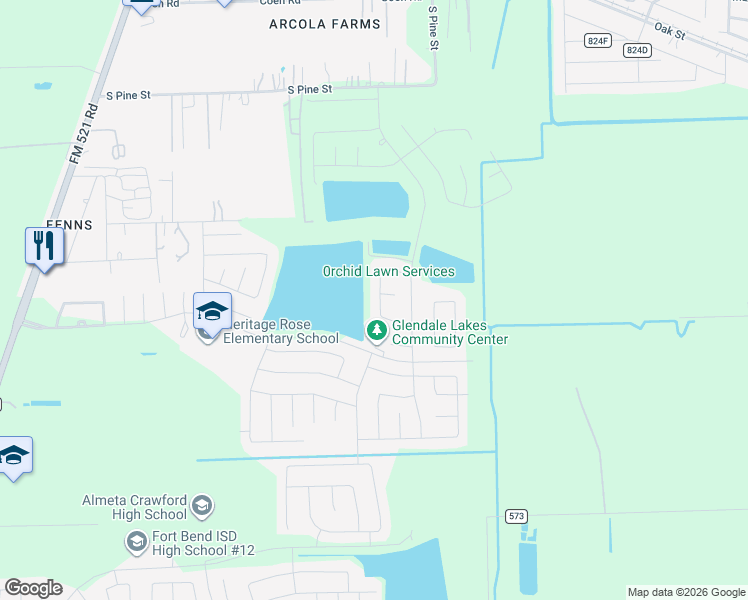 map of restaurants, bars, coffee shops, grocery stores, and more near 726 Aberhill Drive in Rosharon