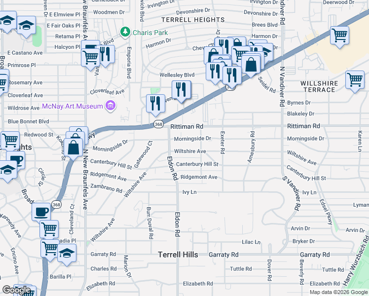 map of restaurants, bars, coffee shops, grocery stores, and more near 816 Wiltshire Avenue in San Antonio