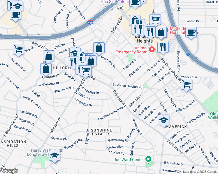 map of restaurants, bars, coffee shops, grocery stores, and more near 1130 Babcock Road in Balcones Heights