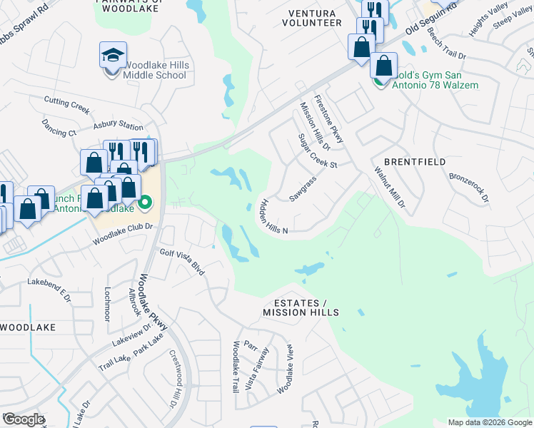 map of restaurants, bars, coffee shops, grocery stores, and more near 7307 Hidden Hills North in San Antonio