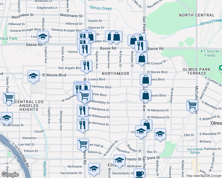 map of restaurants, bars, coffee shops, grocery stores, and more near 435 Thorain Boulevard in San Antonio
