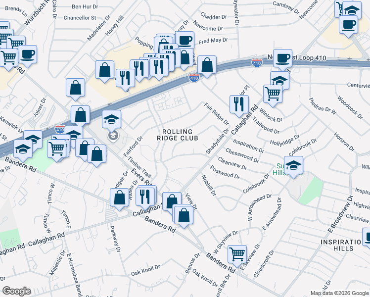 map of restaurants, bars, coffee shops, grocery stores, and more near 4942 Lambeth Drive in San Antonio