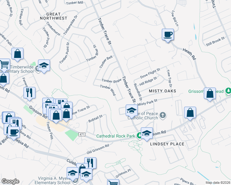 map of restaurants, bars, coffee shops, grocery stores, and more near 4915 Timber Wind in San Antonio