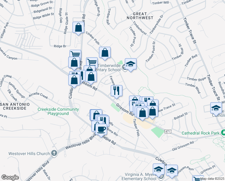 map of restaurants, bars, coffee shops, grocery stores, and more near 9005 Grissom Road in San Antonio