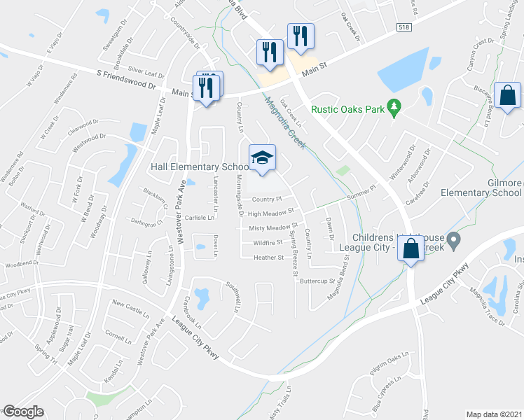 map of restaurants, bars, coffee shops, grocery stores, and more near 5904 High Meadow Street in League City