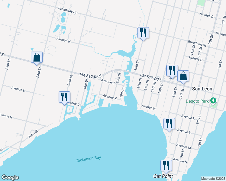 map of restaurants, bars, coffee shops, grocery stores, and more near 1030 20th Street in San Leon