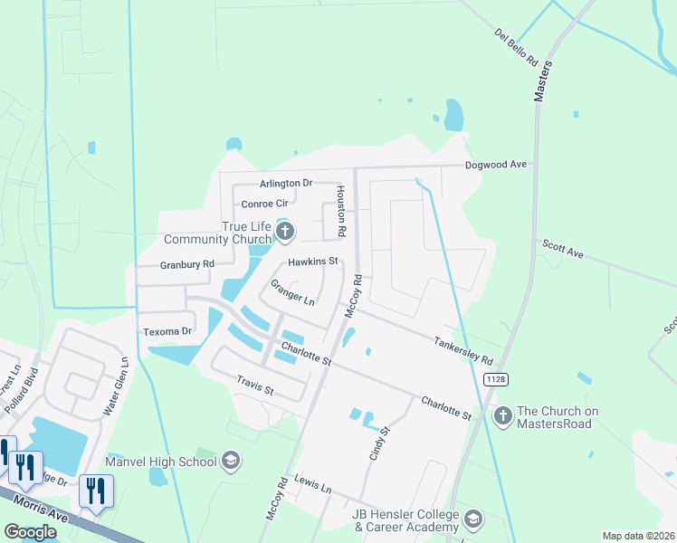 map of restaurants, bars, coffee shops, grocery stores, and more near 6619 Lone Star Ridge in Manvel
