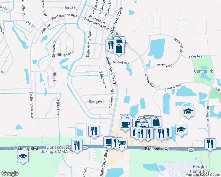 map of restaurants, bars, coffee shops, grocery stores, and more near 29 East Diamond Drive in Palm Coast