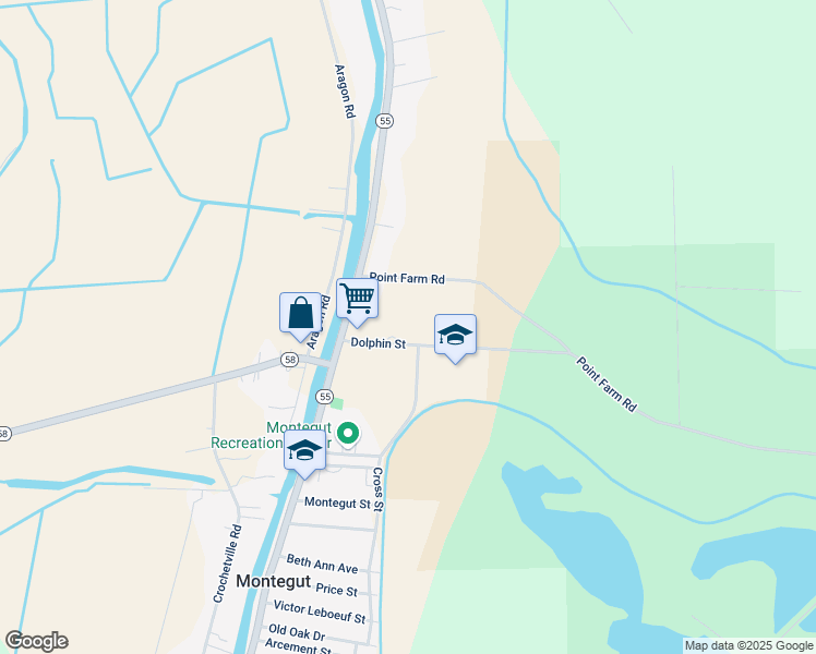 map of restaurants, bars, coffee shops, grocery stores, and more near 101-109 Dolphin Street in Montegut