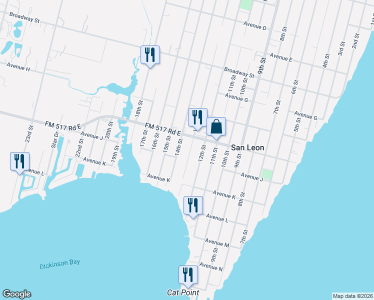 map of restaurants, bars, coffee shops, grocery stores, and more near 944 13th Street in San Leon