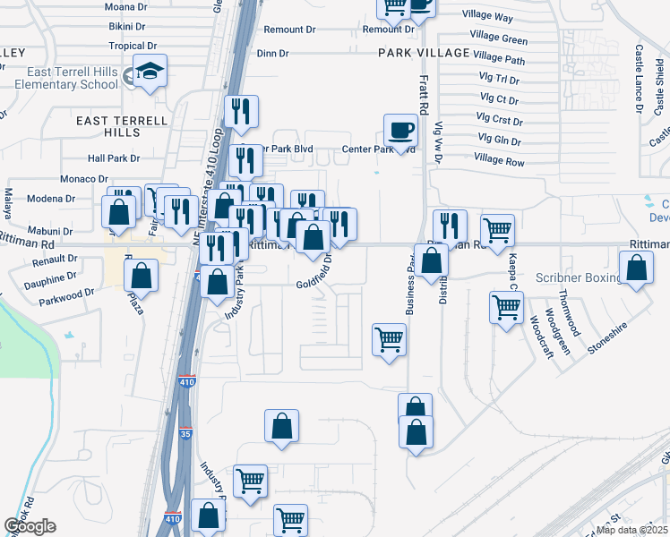 map of restaurants, bars, coffee shops, grocery stores, and more near 4728 Goldfield in San Antonio