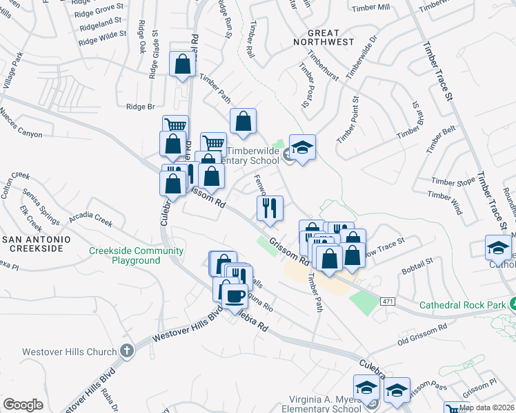 map of restaurants, bars, coffee shops, grocery stores, and more near 9005 Grissom Road in San Antonio