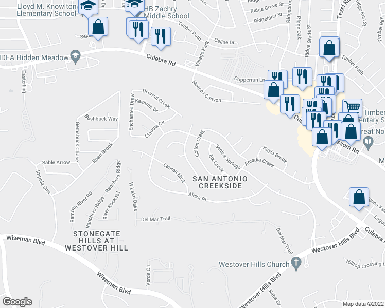 map of restaurants, bars, coffee shops, grocery stores, and more near 9723 Criswell Creek in San Antonio