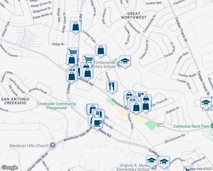 map of restaurants, bars, coffee shops, grocery stores, and more near 9005 Grissom Road in San Antonio