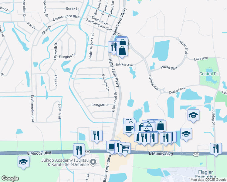 map of restaurants, bars, coffee shops, grocery stores, and more near 27 Eastmoor Lane in Palm Coast