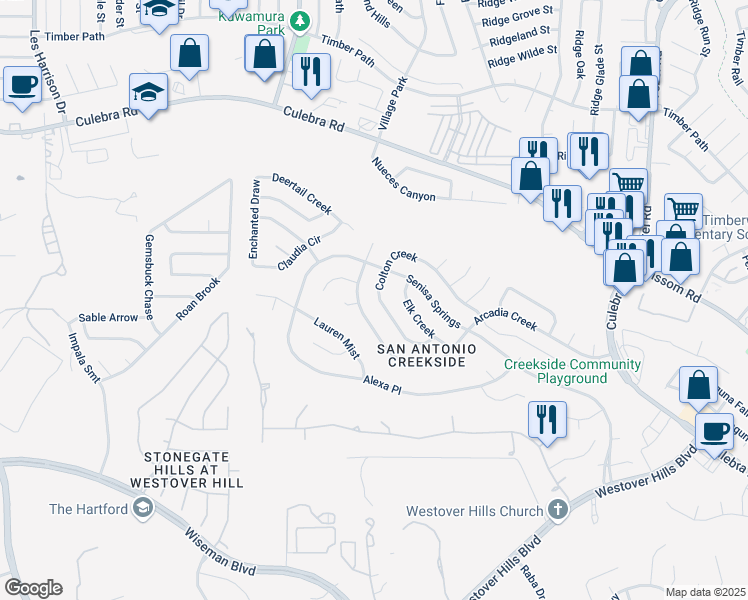map of restaurants, bars, coffee shops, grocery stores, and more near 9723 Criswell Creek in San Antonio