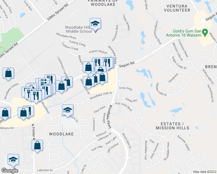 map of restaurants, bars, coffee shops, grocery stores, and more near 6988 Woodlake Club Drive in San Antonio