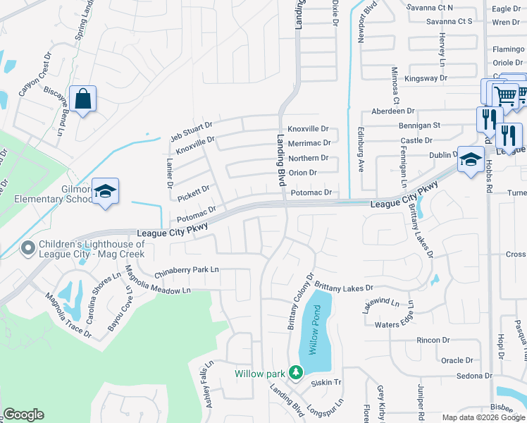 map of restaurants, bars, coffee shops, grocery stores, and more near 2614 White Ibis Court in League City