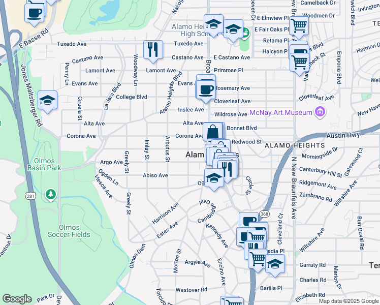 map of restaurants, bars, coffee shops, grocery stores, and more near 120 Argo Avenue in San Antonio