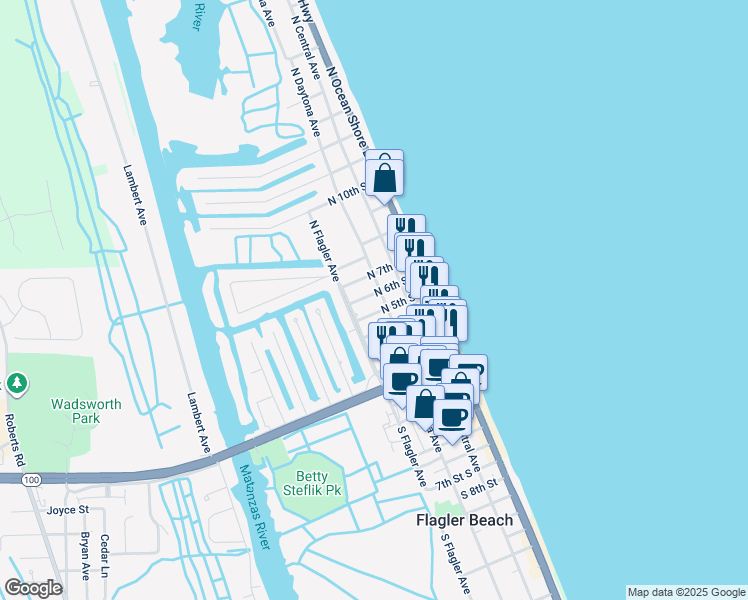 map of restaurants, bars, coffee shops, grocery stores, and more near 301 North 5th Street in Flagler Beach