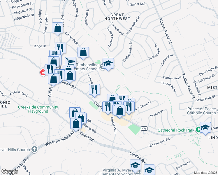 map of restaurants, bars, coffee shops, grocery stores, and more near 8787 Timber Path in San Antonio