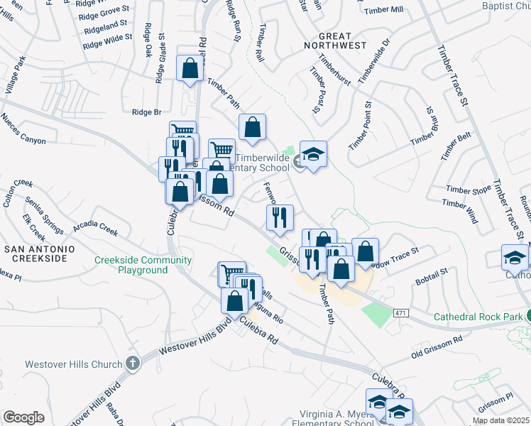 map of restaurants, bars, coffee shops, grocery stores, and more near 9005 Grissom Road in San Antonio