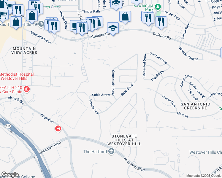 map of restaurants, bars, coffee shops, grocery stores, and more near 9919 Sable Arrow in San Antonio