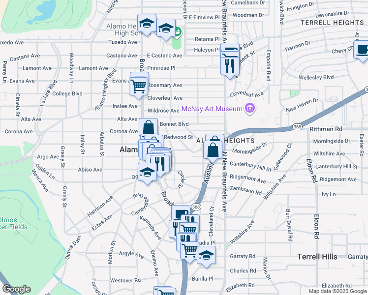 map of restaurants, bars, coffee shops, grocery stores, and more near 306 Albany Street in San Antonio