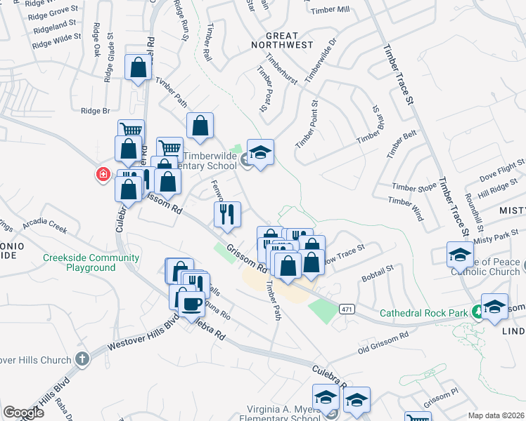 map of restaurants, bars, coffee shops, grocery stores, and more near 8787 Timber Path in San Antonio