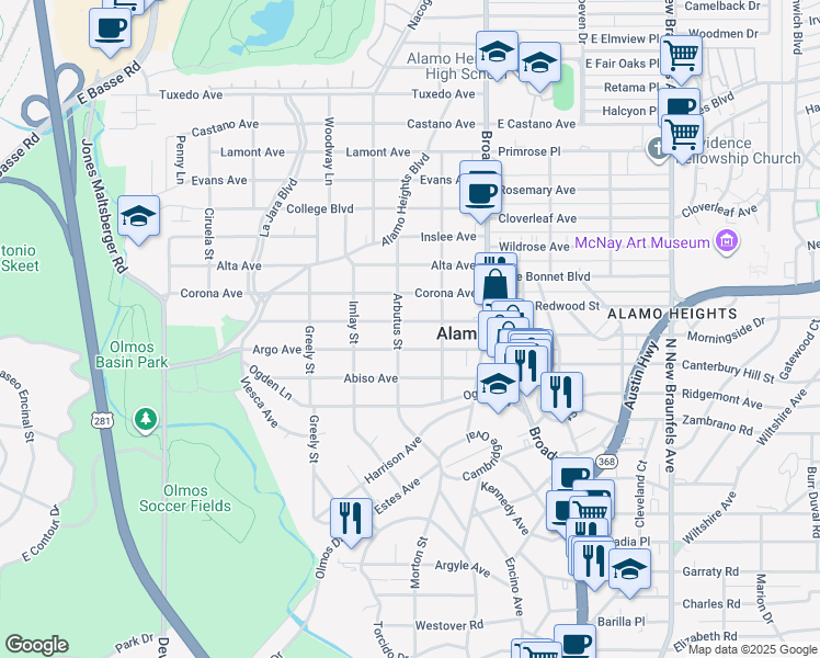 map of restaurants, bars, coffee shops, grocery stores, and more near 216 Argo Avenue in San Antonio